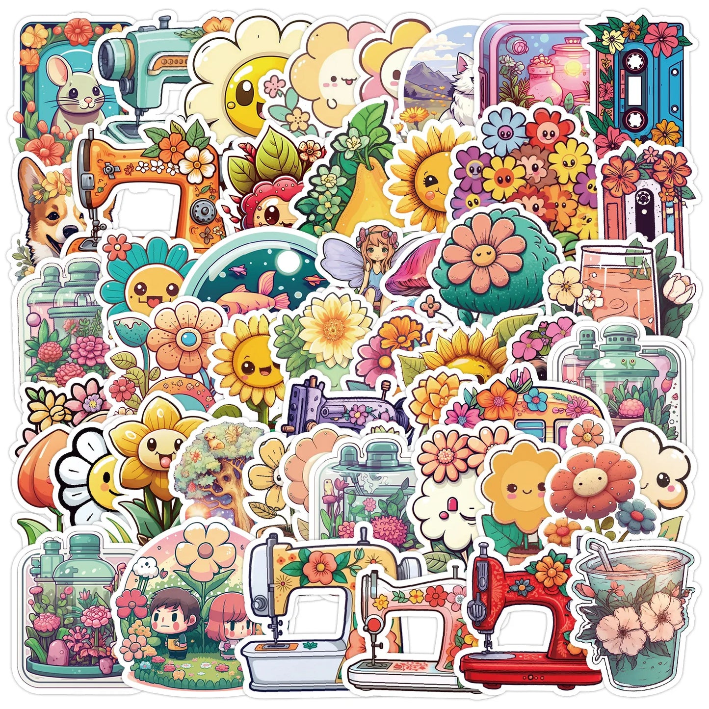 50pcs Cute Cartoon Flower Stickers for Helmet, Wall, Desktop Decoration