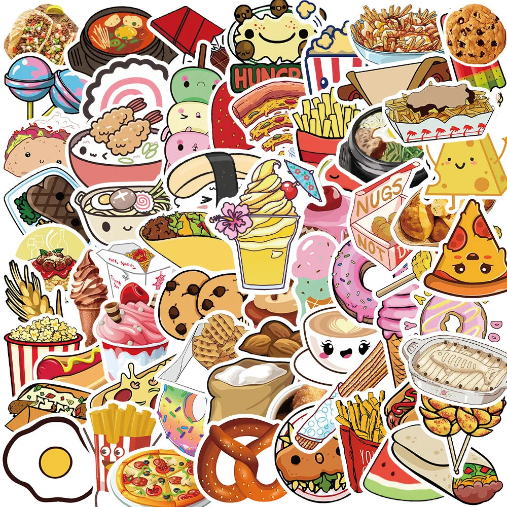 100PCS Cartoon Food Drink Stickers for Laptop, Phone, Fridge, Suitcase, Car, Kids Toy, Graffiti