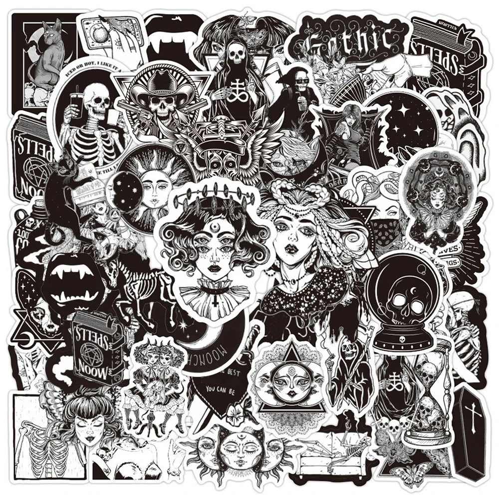 Retro Gothic Black & White Stickers - Waterproof DIY for Bike, Luggage, Guitar, Laptop