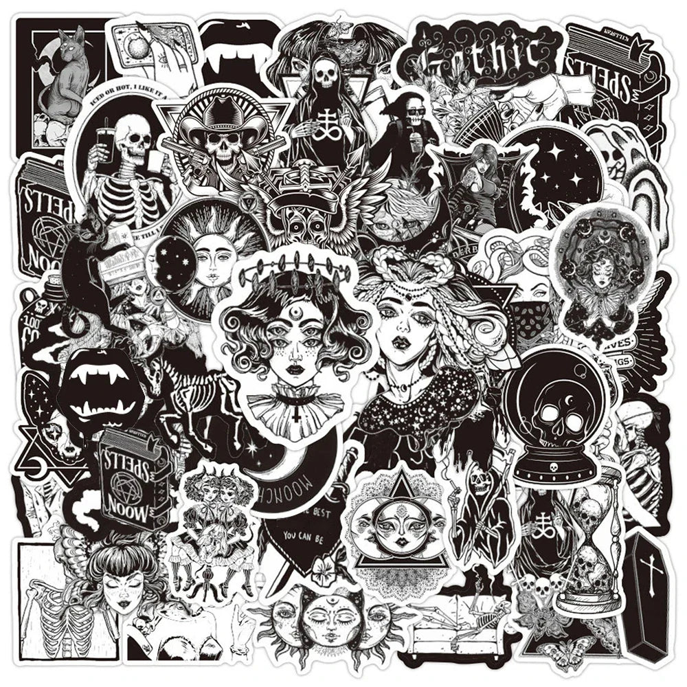 Retro Gothic Black & White Stickers - Waterproof DIY for Bike, Luggage, Guitar, Laptop