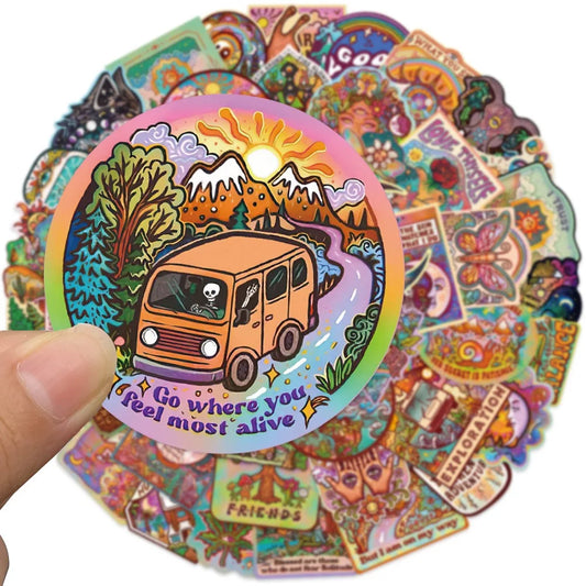 10/50PCS Funny Vintage Camping Travel Stickers Hippie Style Graffiti Decals DIY Luggage Phone Water Bottle Motorcycle Sticker