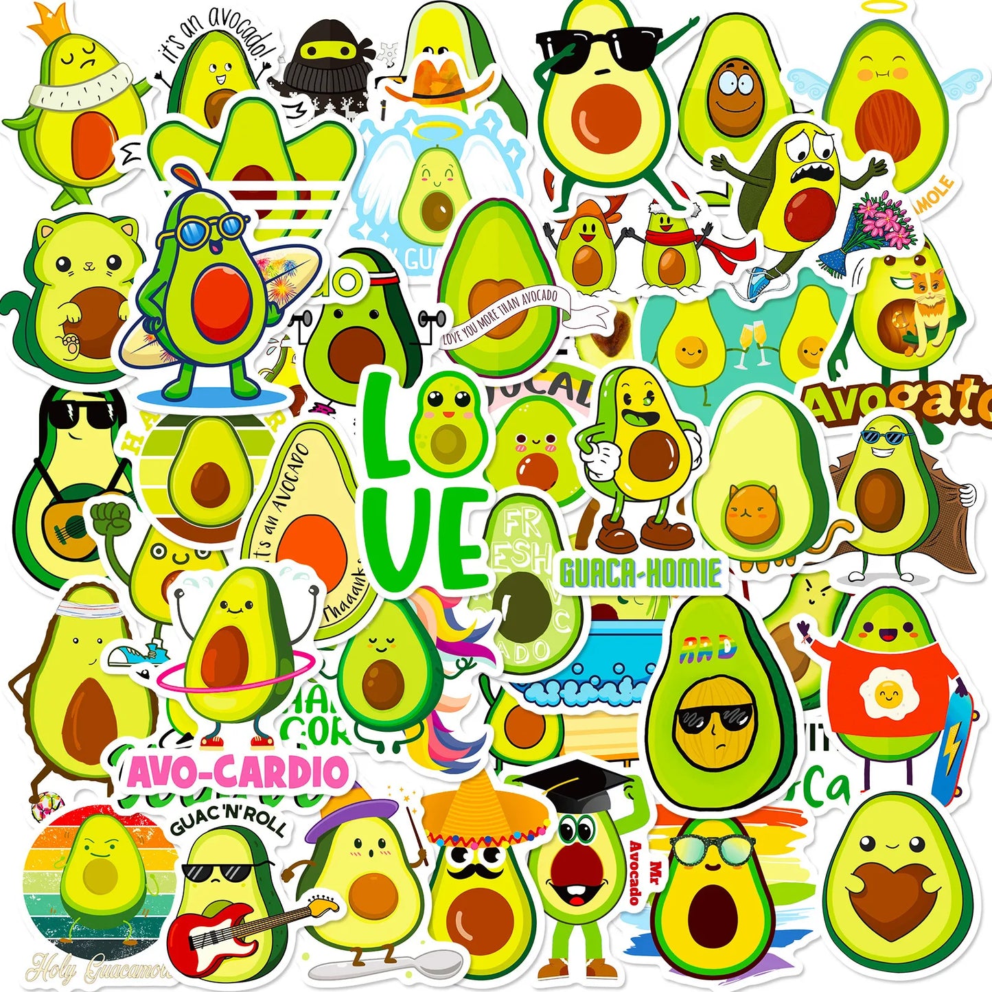 50pcs Cartoon Avocado Stickers for Helmet, Desktop, Wall Decoration, DIY