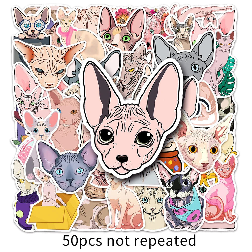 10/30/50PCS Sphynx Cats Stickers Cute Animal Decals Toys DIY Skateboard Phone Fridge Laptop Bike Car PVC Waterproof Sticker Gift
