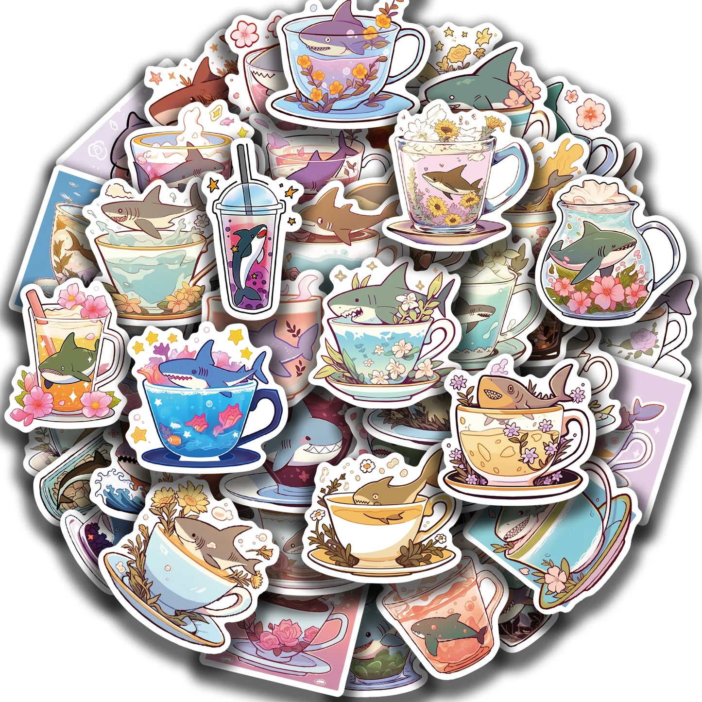 50pcs Shark Cartoon Waterproof Stickers for Laptops & Bikes