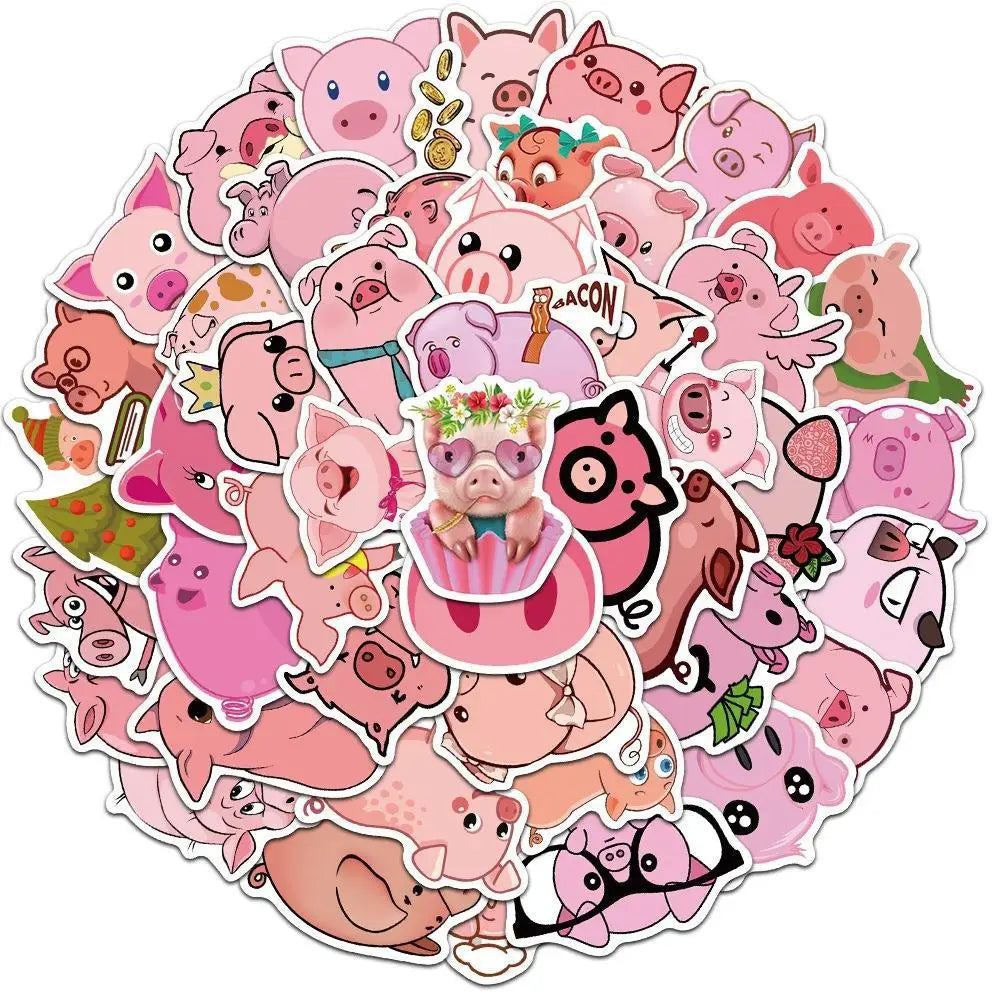 Cartoon Pink Pig Stickers for Laptop, Car, Fridge, Snowboard - 10/30/50/100Pcs Vinyl Decals