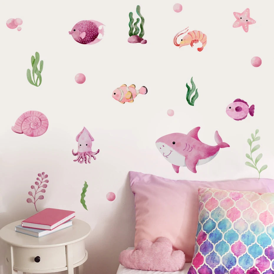 Cute Shark Turtle Seaweed Wall Stickers for Bedroom Nursery Decor