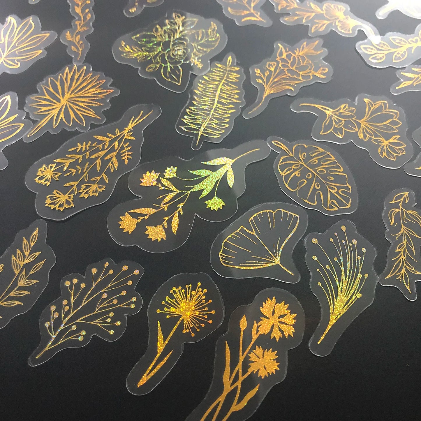 80 Glitter Gold Waterproof Plant Flower Stickers, Transparent PET Adhesive Decals