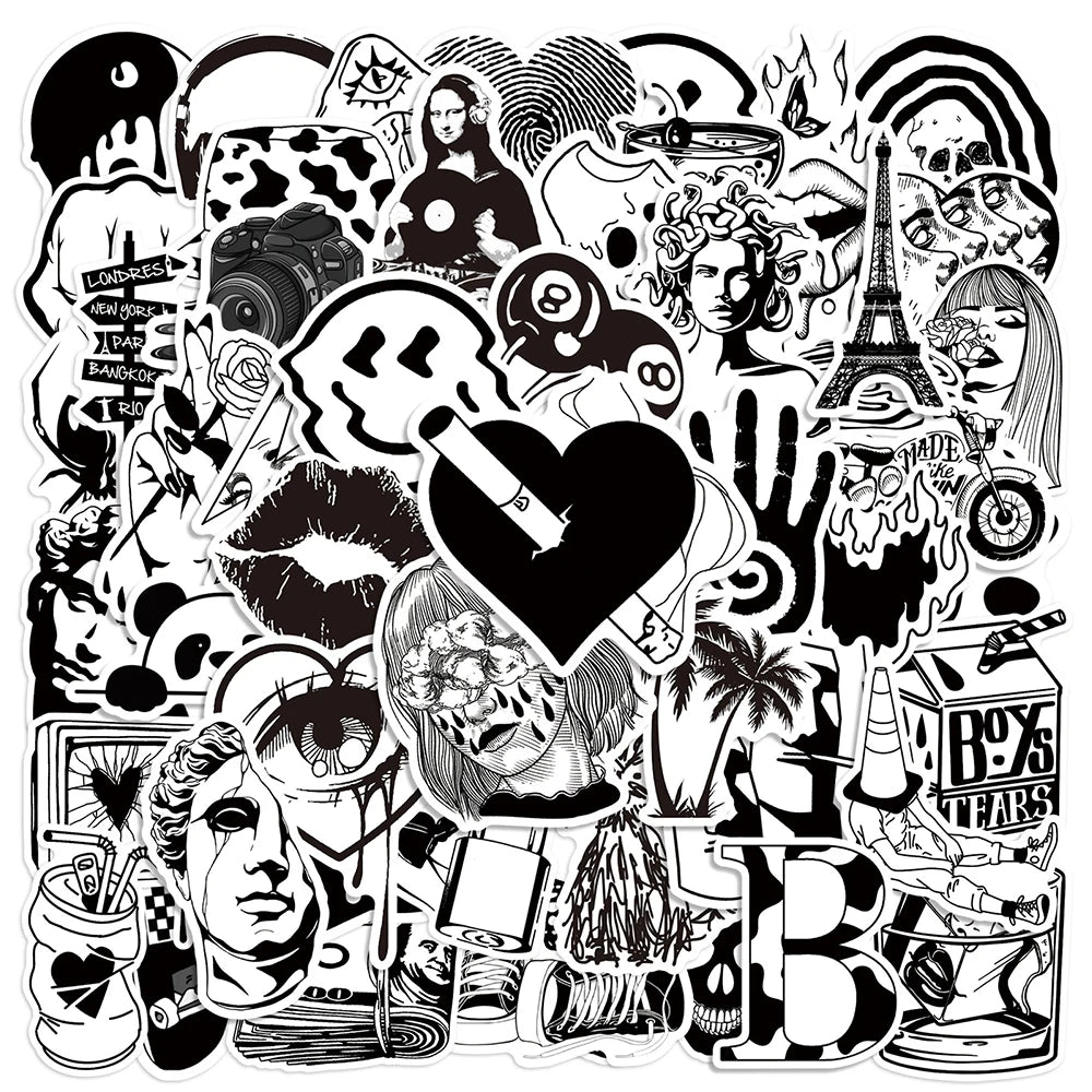 Cool Black & White Graffiti Stickers for Laptop, Skateboard, Motorcycle, Phone, Luggage - 10/30/50pcs