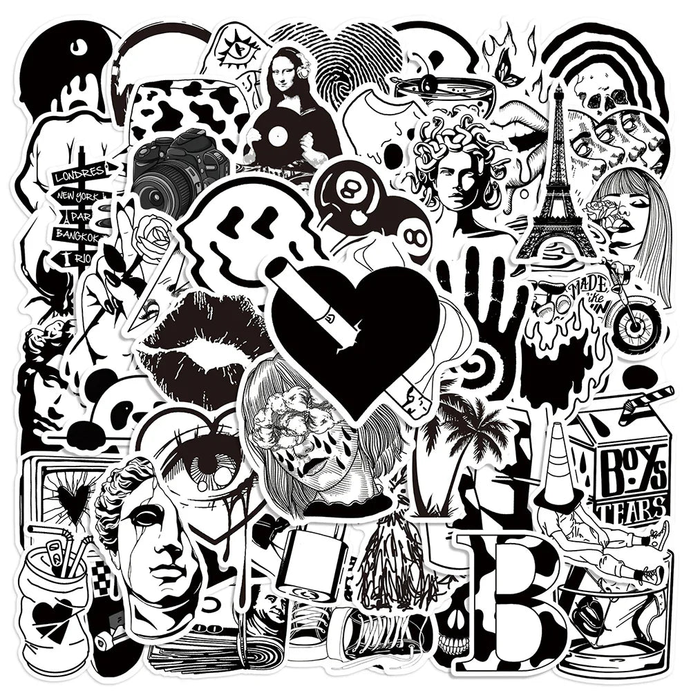 Cool Black & White Graffiti Stickers for Laptop, Skateboard, Motorcycle, Phone, Luggage - 10/30/50pcs