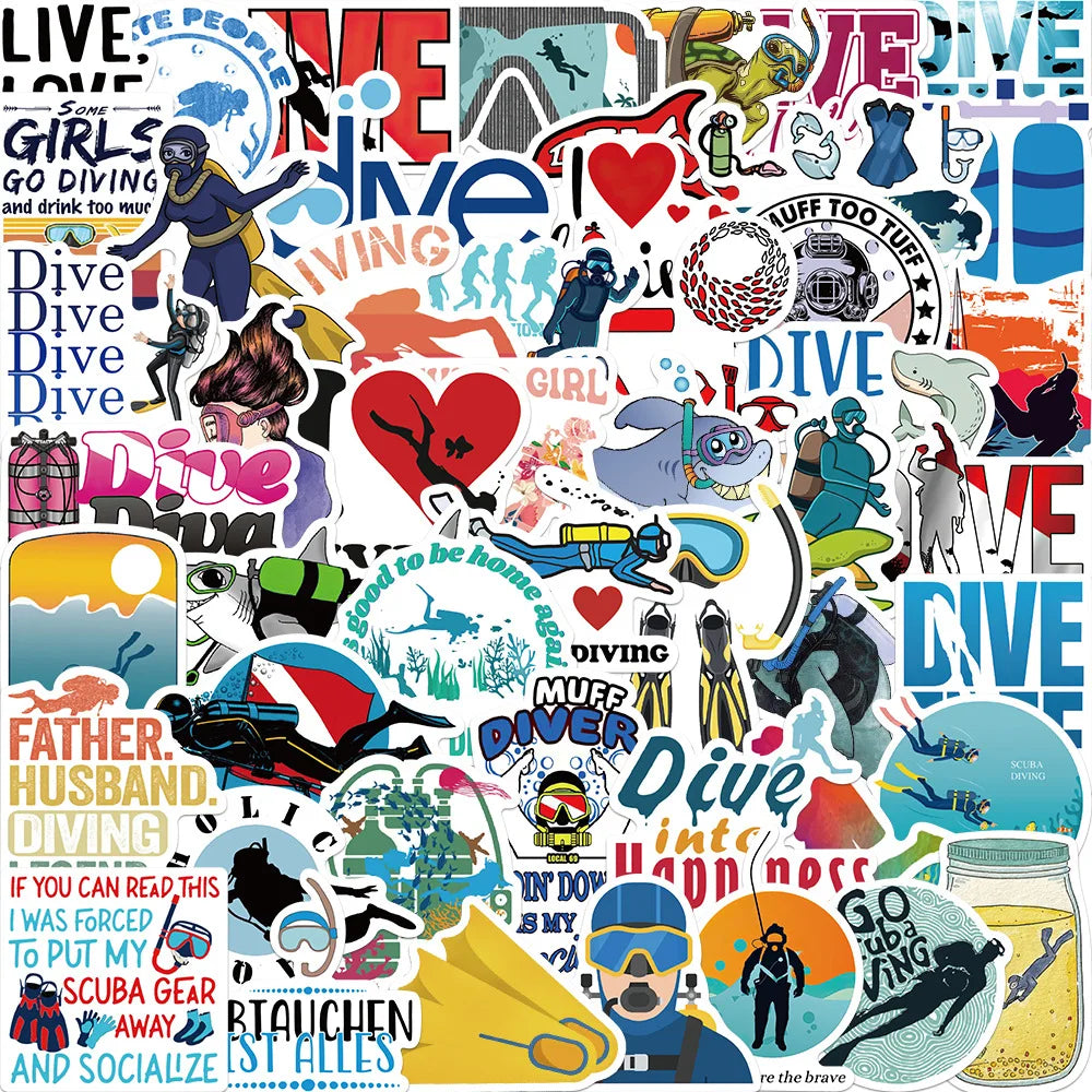 50pcs Cartoon Diving Sports Stickers for Helmet, Wall, DIY Decoration