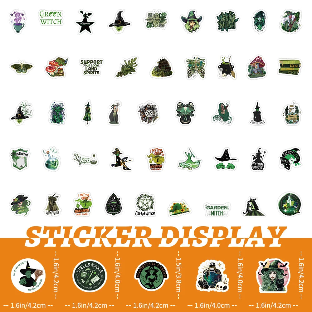 10/30/50/100pcs Cool Retro Green Magic Wizard Witch Stickers Laptop Phone Skateboard Fridge Car Gothic Retro Waterproof Sticker