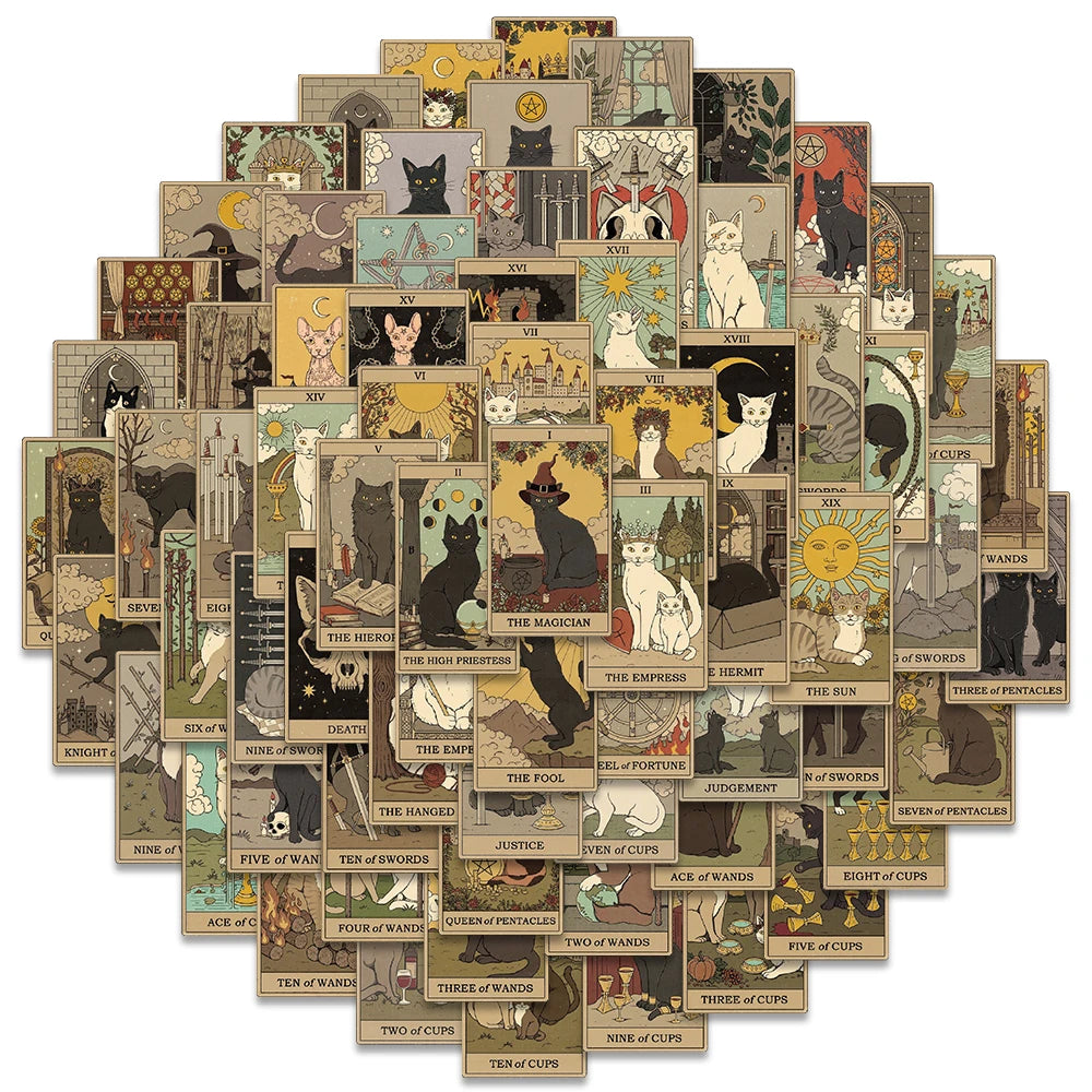 70pcs Retro Cartoon Cats Tarot Art Stickers