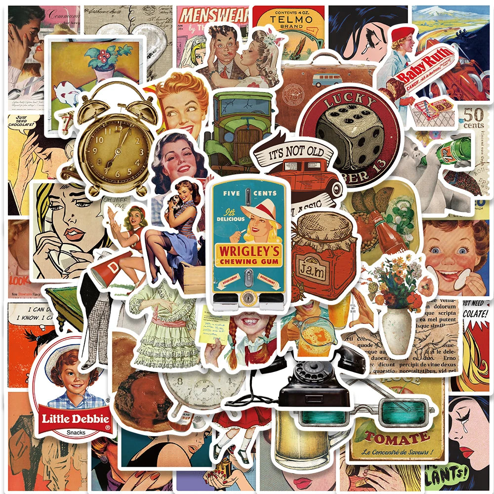 52PCS Retro Pop Art Vintage Stickers for Laptop, Motorcycle, Skateboard, Luggage, Aesthetic Decals