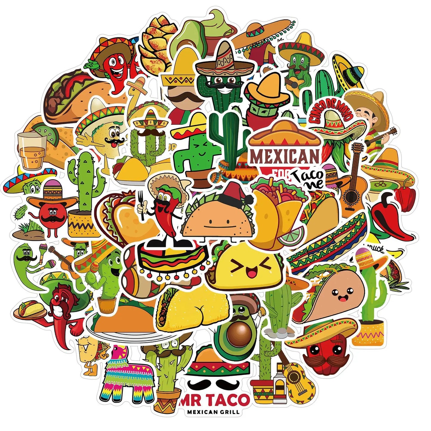 50pcs Mexican Food Graffiti Stickers for Helmet, Wall, DIY Decoration