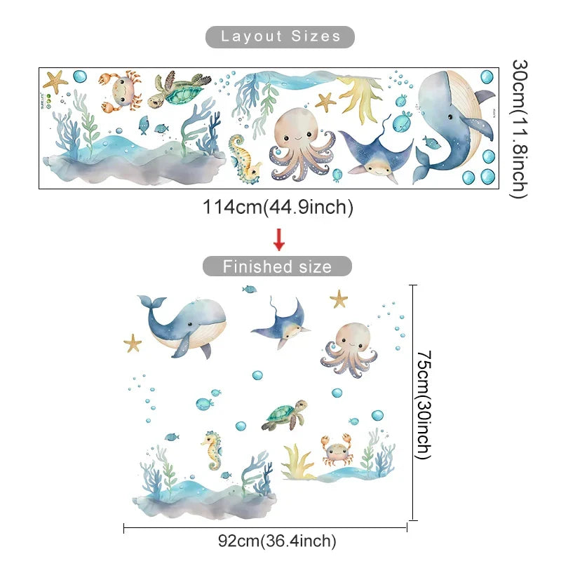 Cartoon Marine Animal Wall Stickers - Octopus & Sharks Decor for Bedroom & Nursery