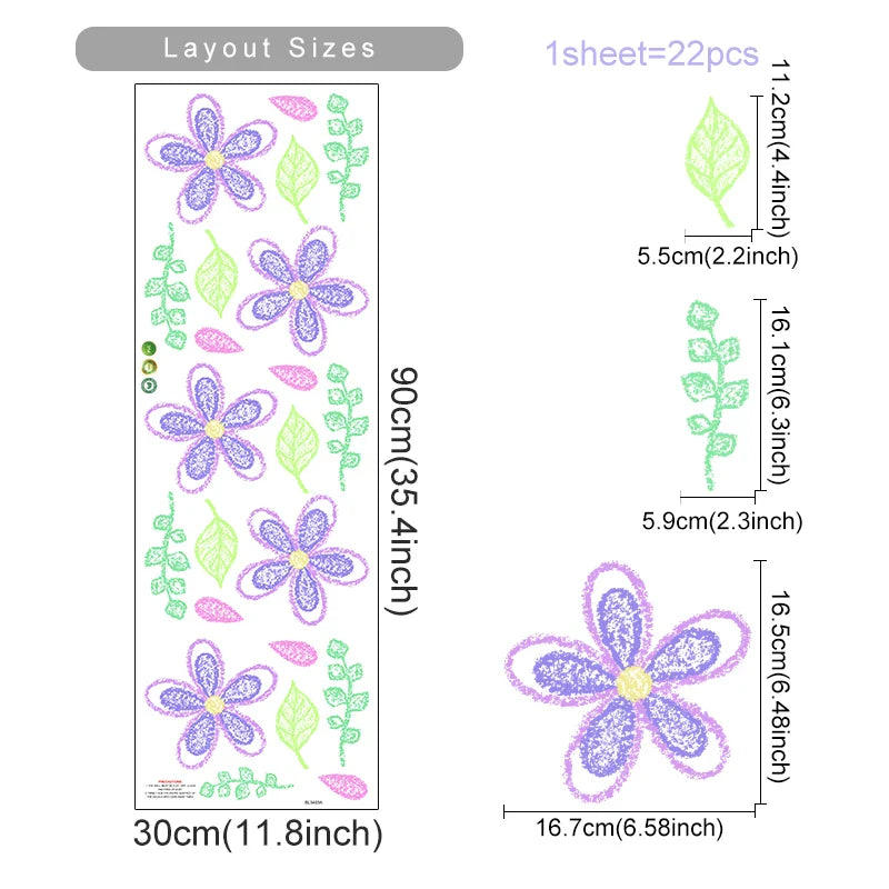 Watercolor Pink Flowers Leaves Wall Decals for Kids Room Nursery