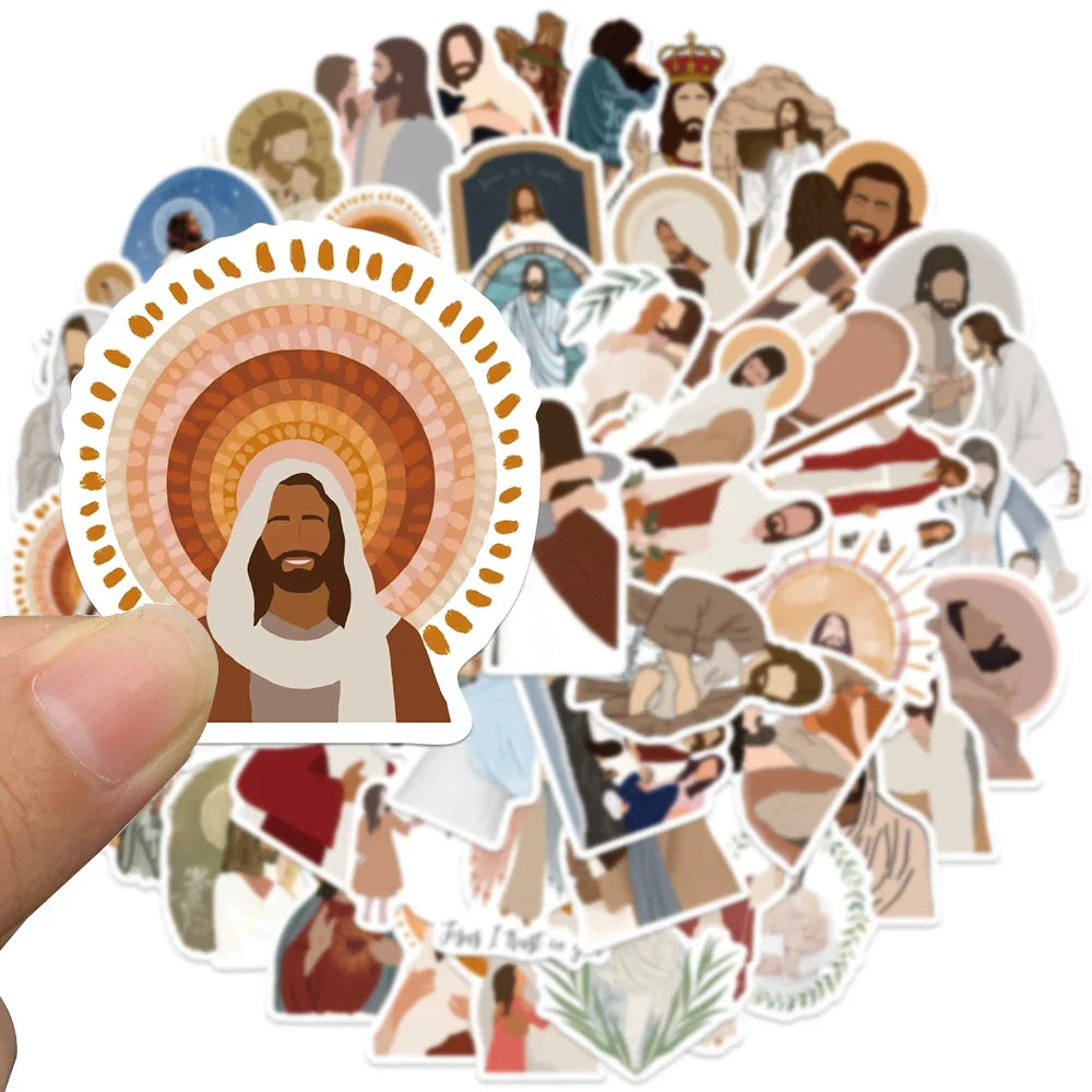 52pcs Aesthetic Jesus Stickers Cartoon Art Faith Stickers For Laptop Water Bottle Luggage Notebook Waterproof Vinyl Car Decals