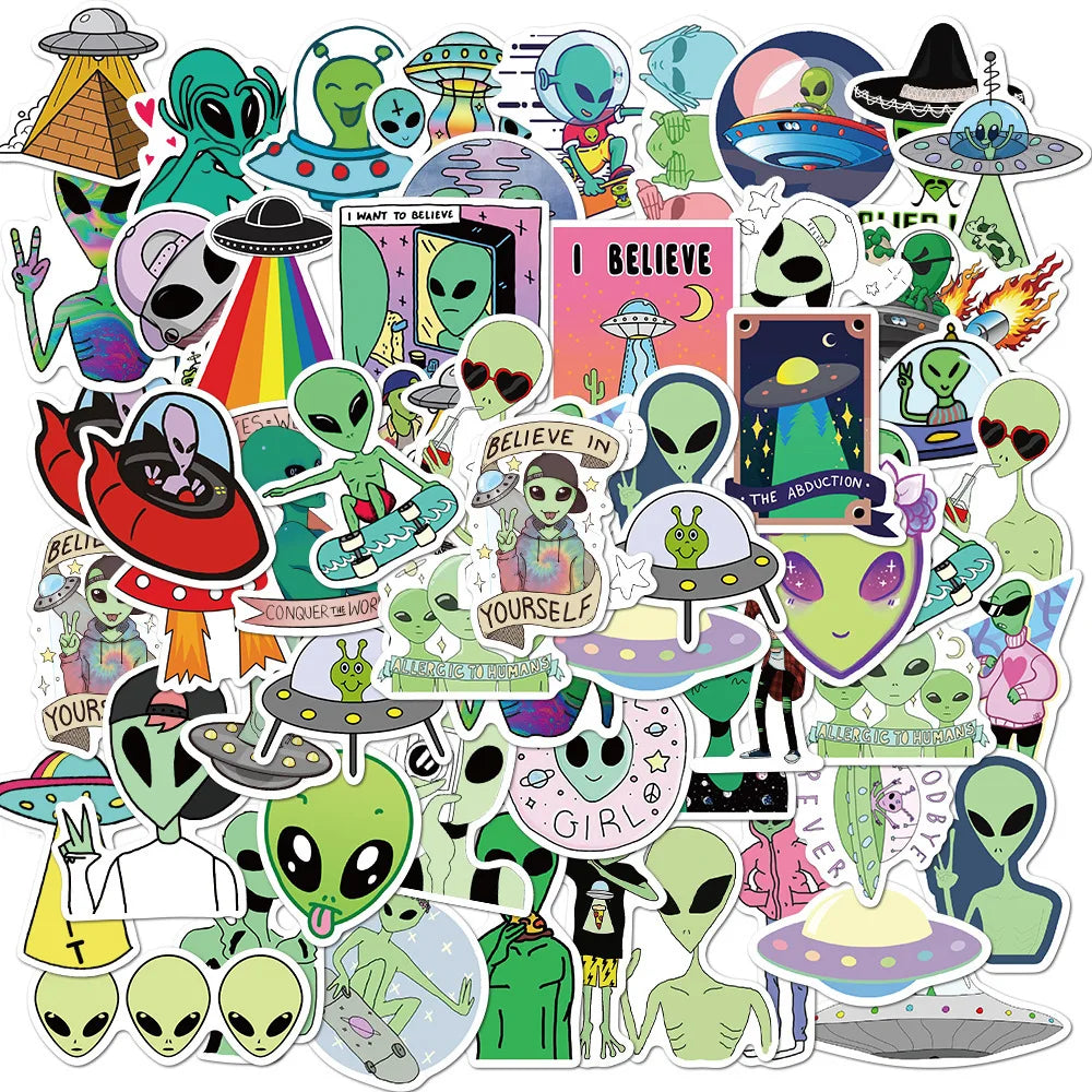 50pcs Cute Alien Graffiti Stickers for Helmet, Wall, Desktop Decoration