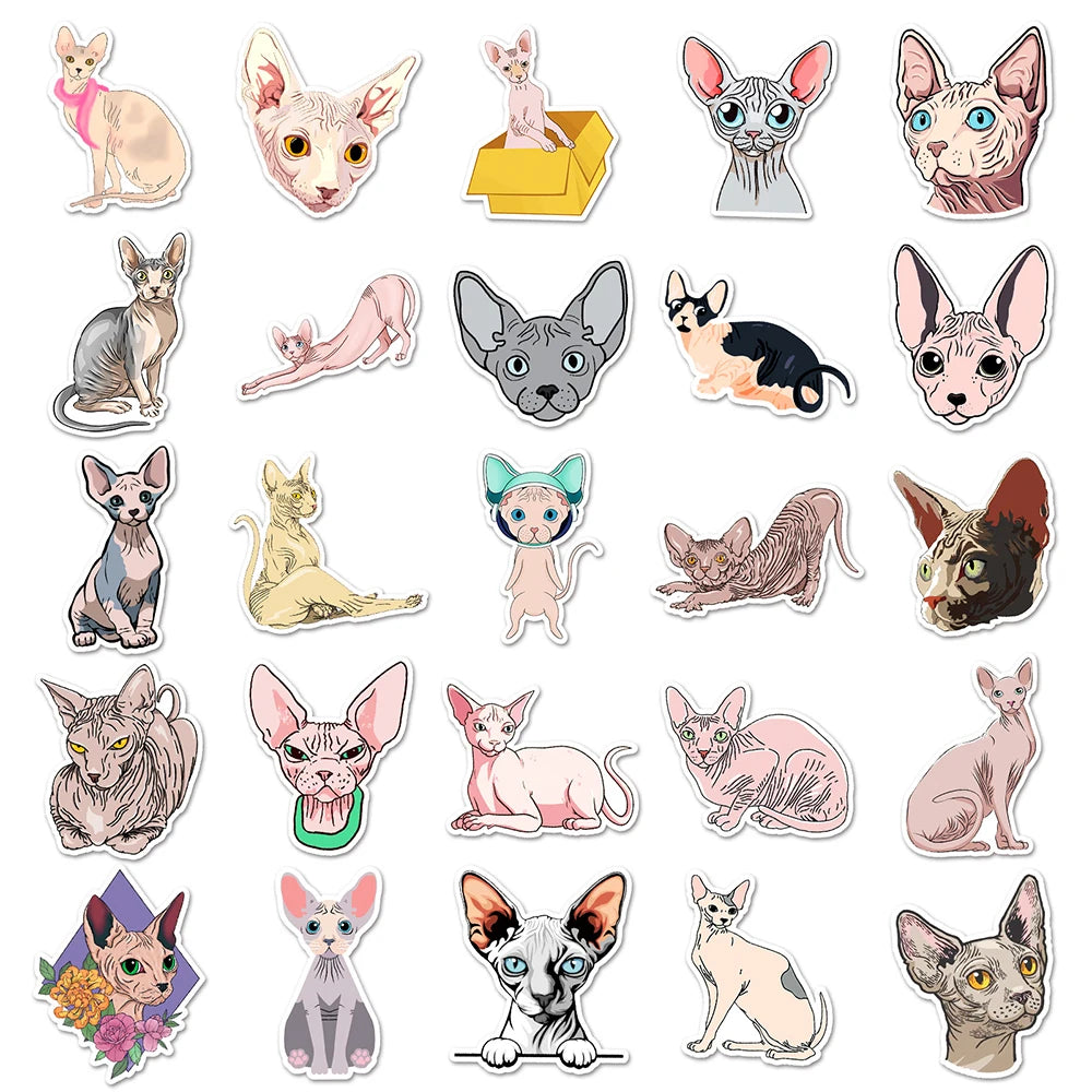 10/30/50PCS Sphynx Cats Stickers Cute Animal Decals Toys DIY Skateboard Phone Fridge Laptop Bike Car PVC Waterproof Sticker Gift