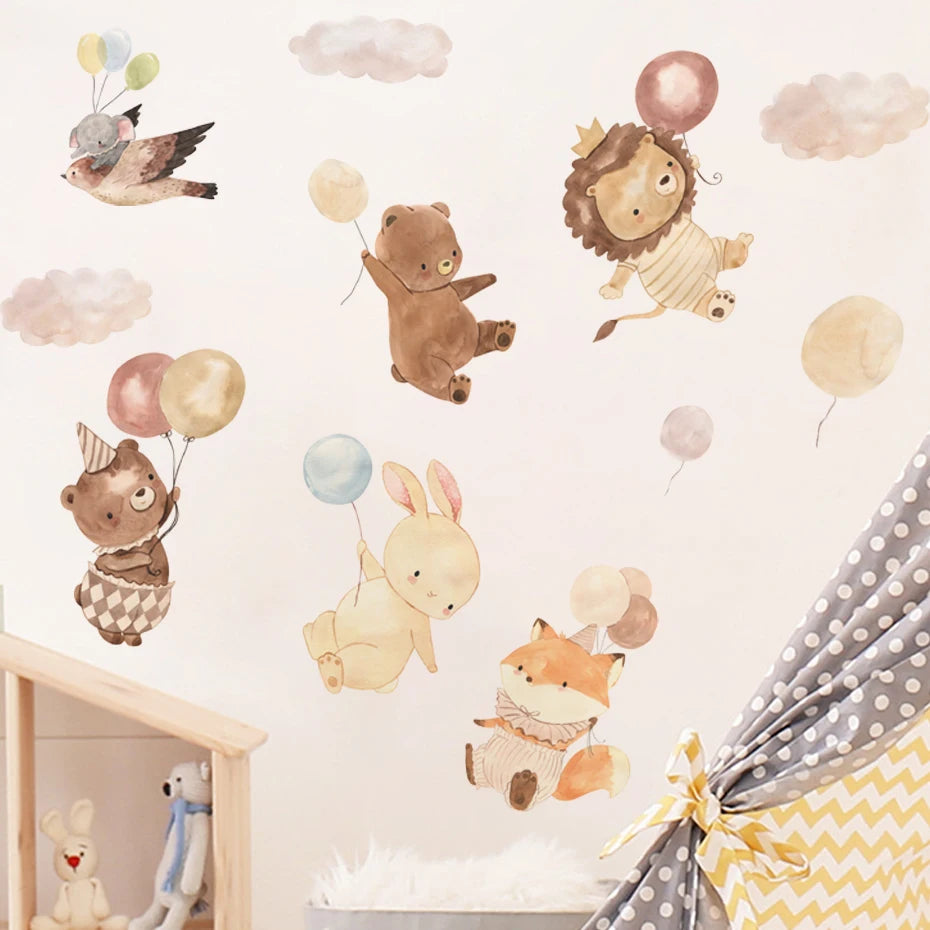 Cartoon Animal Lion Elephant Balloon Wall Stickers Kids Room Decor