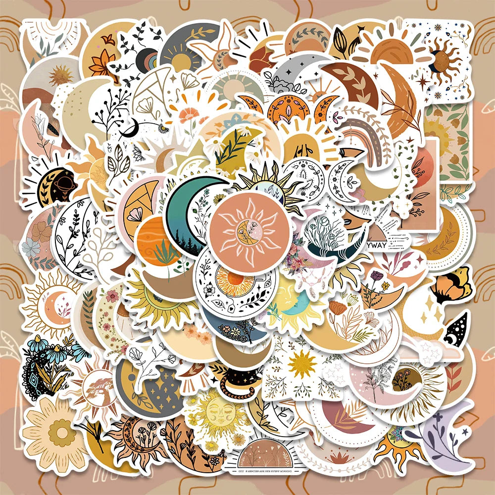 100PCS Boho Moon Sun Flower Stickers Aesthetic Retro Decals for Laptop Scrapbooking Notebook