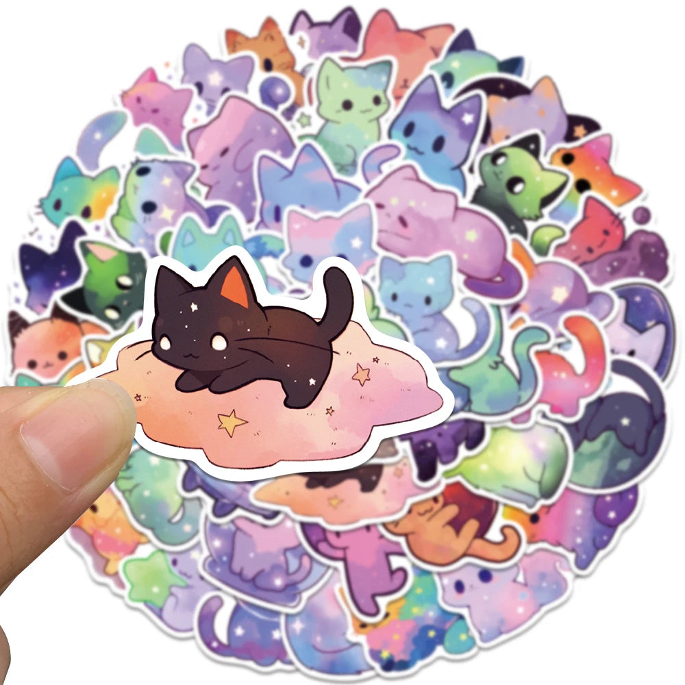 50pcs Kawaii Cartoon Starry Sky Cats Stickers Decals For Laptop Water Bottle Luggage Notebook Phone Vinyl Waterproof Graffiti