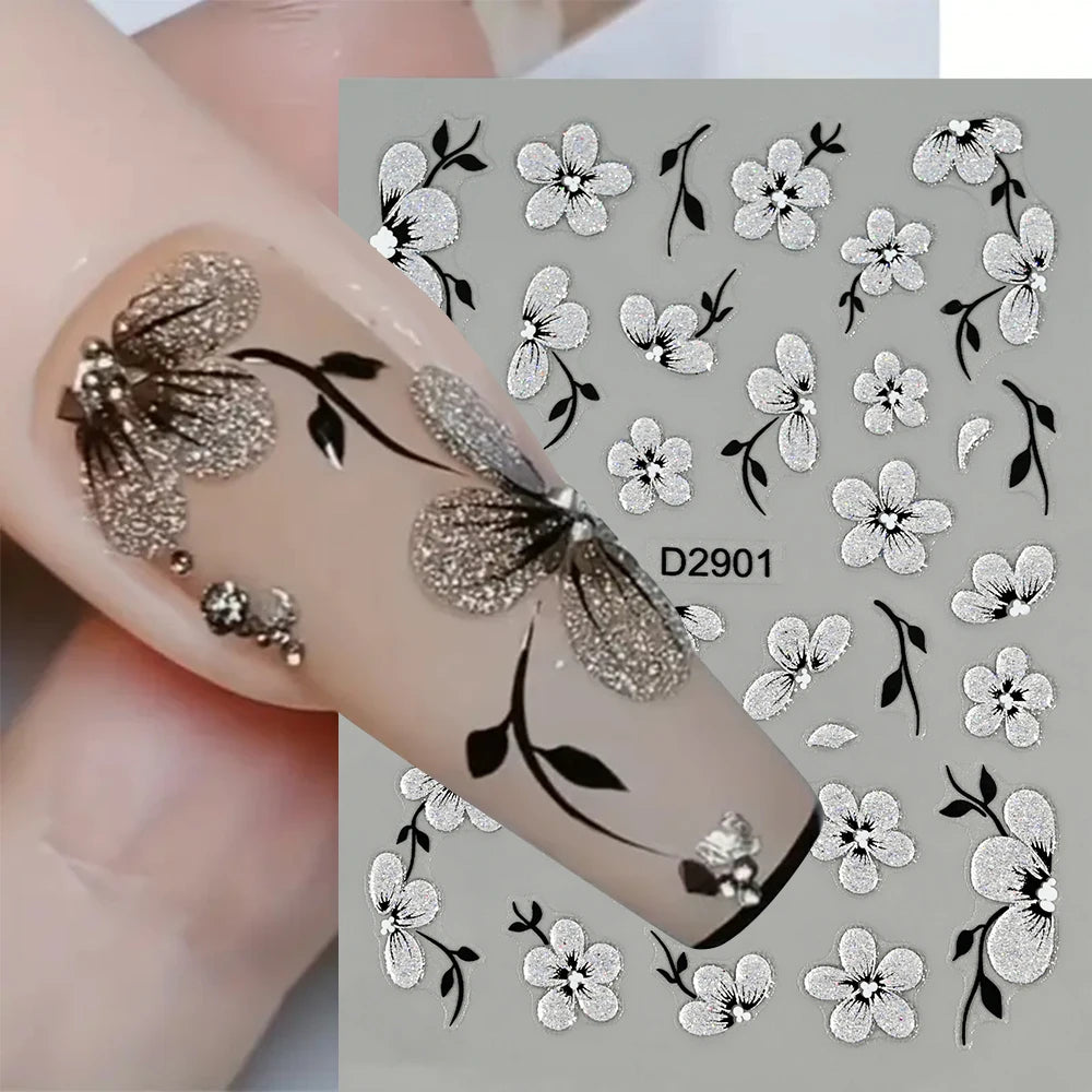 5D Floral Nail Stickers: Glitter Silver Black Blossoms