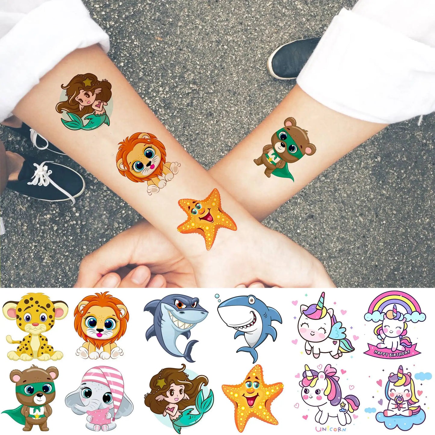 50 PCS Animals Temporary Tattoos For Women Girls Fake Butterfly Mermaid Unicorn Tattoo Sticker 3D Cartoon Body Art Tatoos Decor