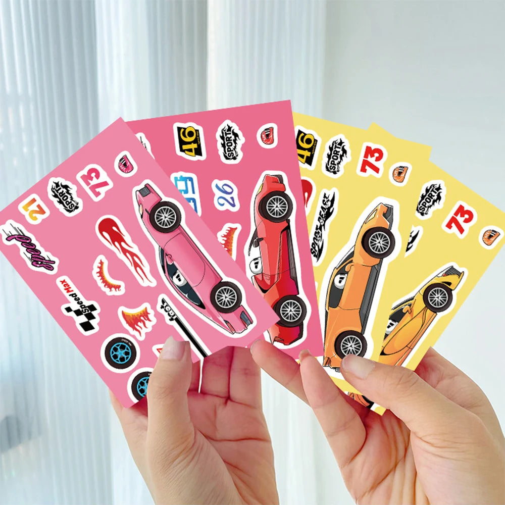 8/16Sheets Modified Racing Car Puzzle Stickers Game Make a Face Assemble Jigsaw Kid Education Toy Craft Sticker Kid Party Gift