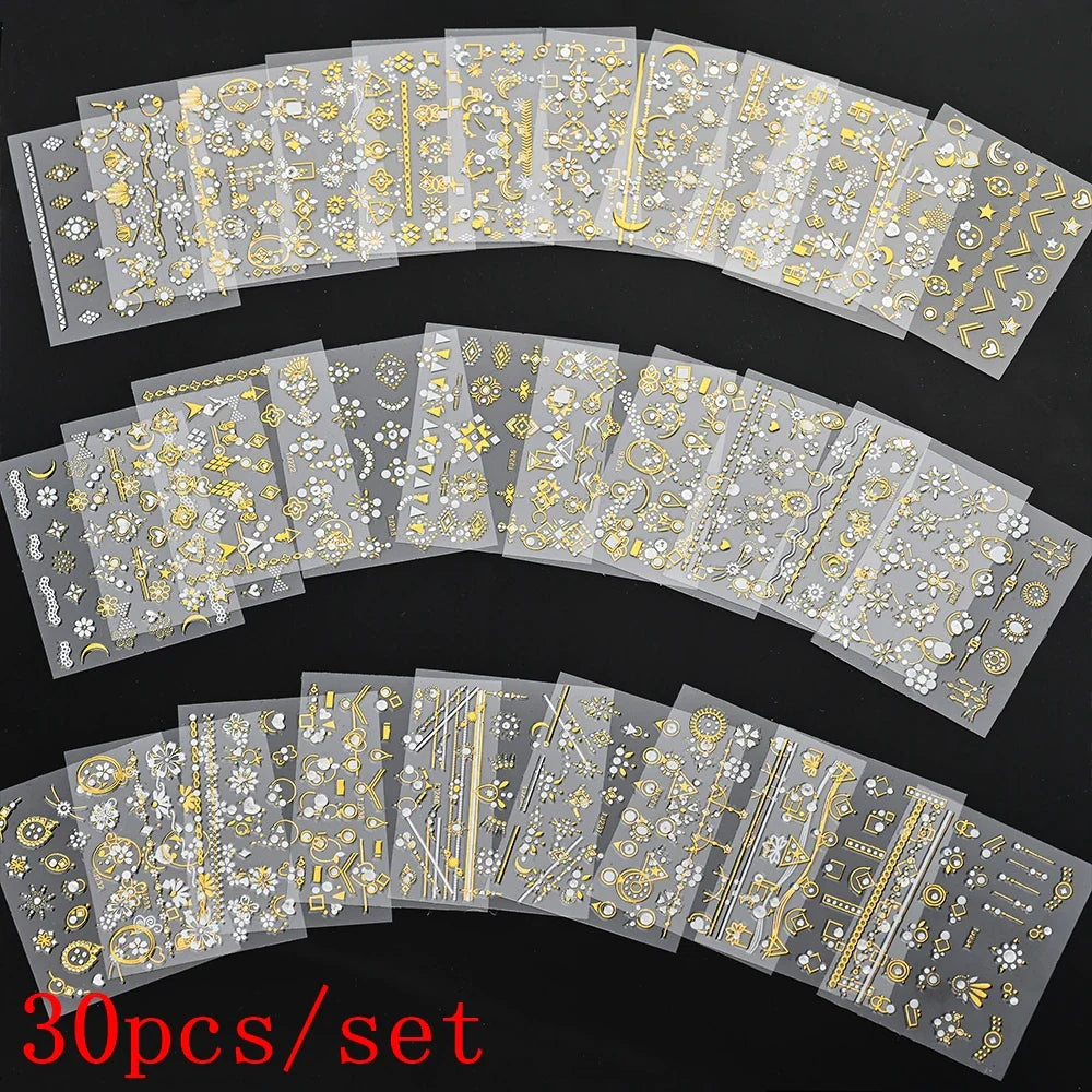 30pcs Lace Nail Stickers: Black & White Floral Star Designs
