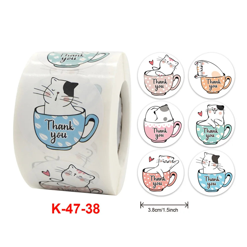 100-500 Pcs Roll 1-1.5inch Round White Decorative Gift Thank You Stickers Cartoon Hand-painted Cat Sealing Sticker Stationery