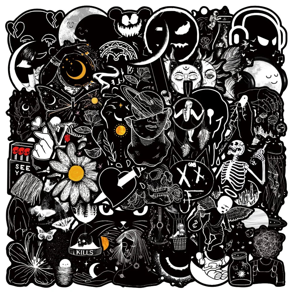 10/50Pcs Black White Gothic Terror Horror Skull Stickers for Laptop Computer Luggage Phone Notebook Vinyl Decal Waterproof