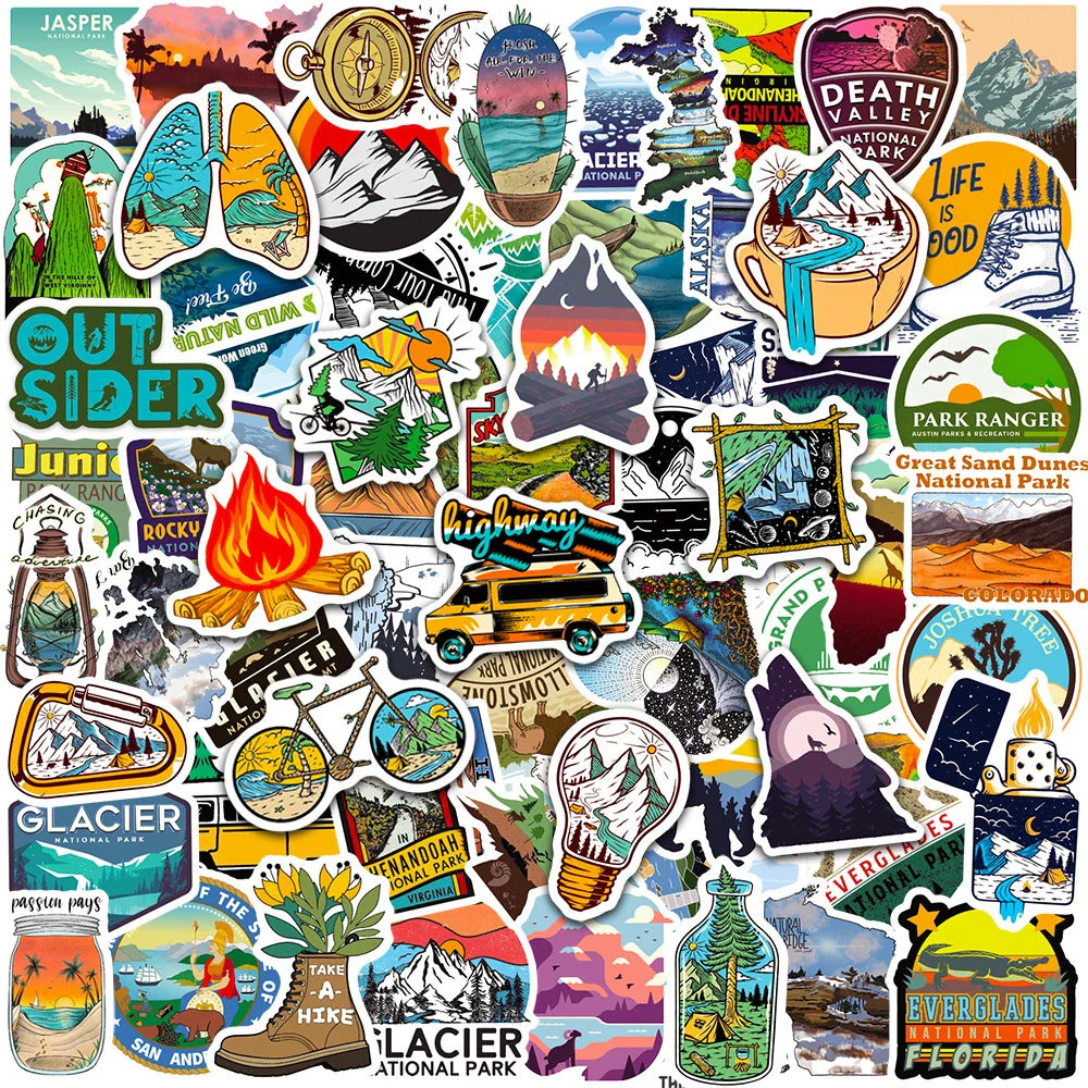Outdoor Travel Hiking Camping Stickers Decal Pack - Waterproof for Skateboard, Laptop, Motorcycle, Guitar, Phone, Car