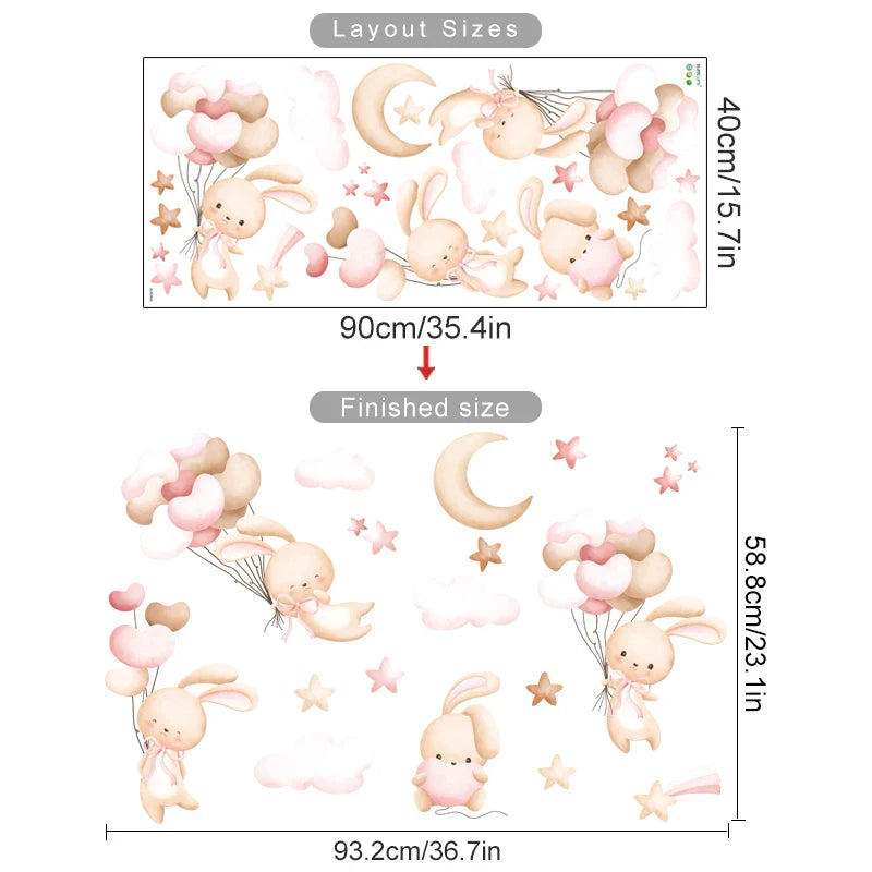 Pink Bunny Moon Clouds Stars Nursery Wall Decals Stickers Kids Room Decor