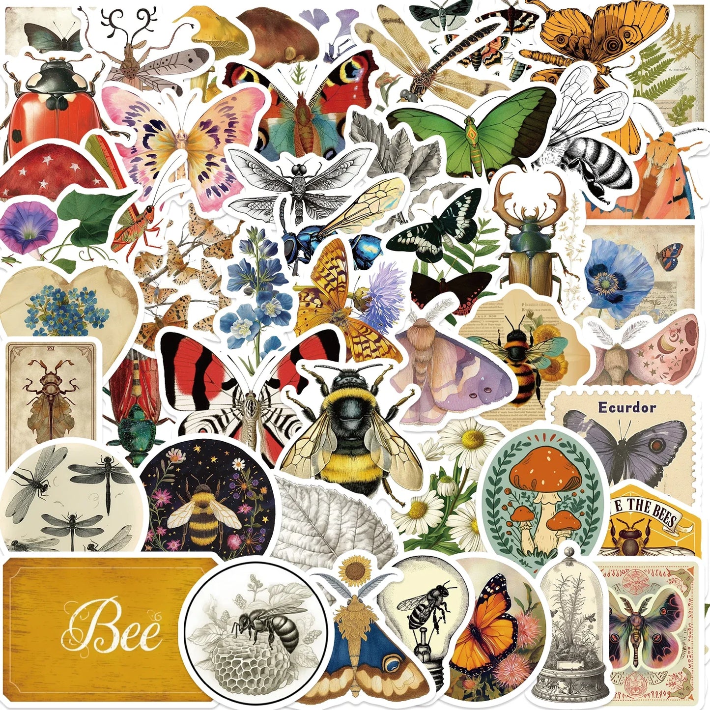 50pcs Retro Insect Cartoon Stickers for Kids & DIY