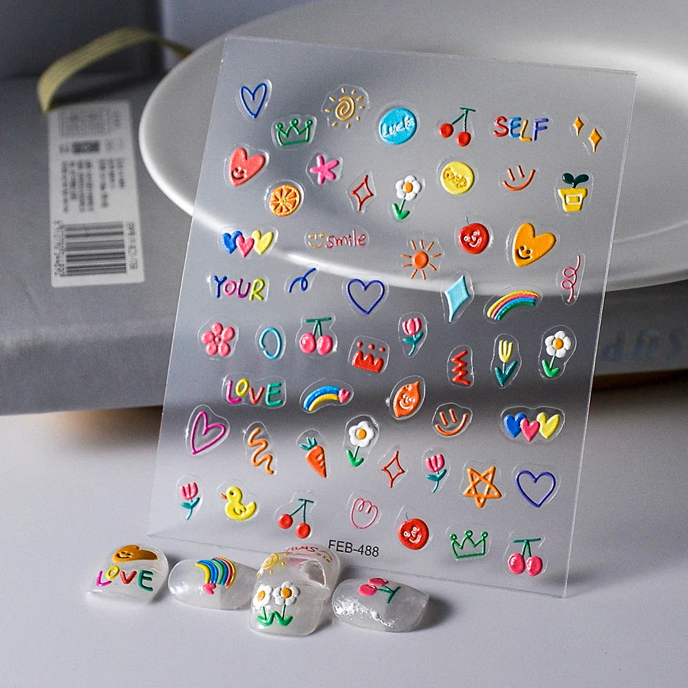 Jelly Tulip Heart Nail Art Stickers 5D Embossed Relief Decals