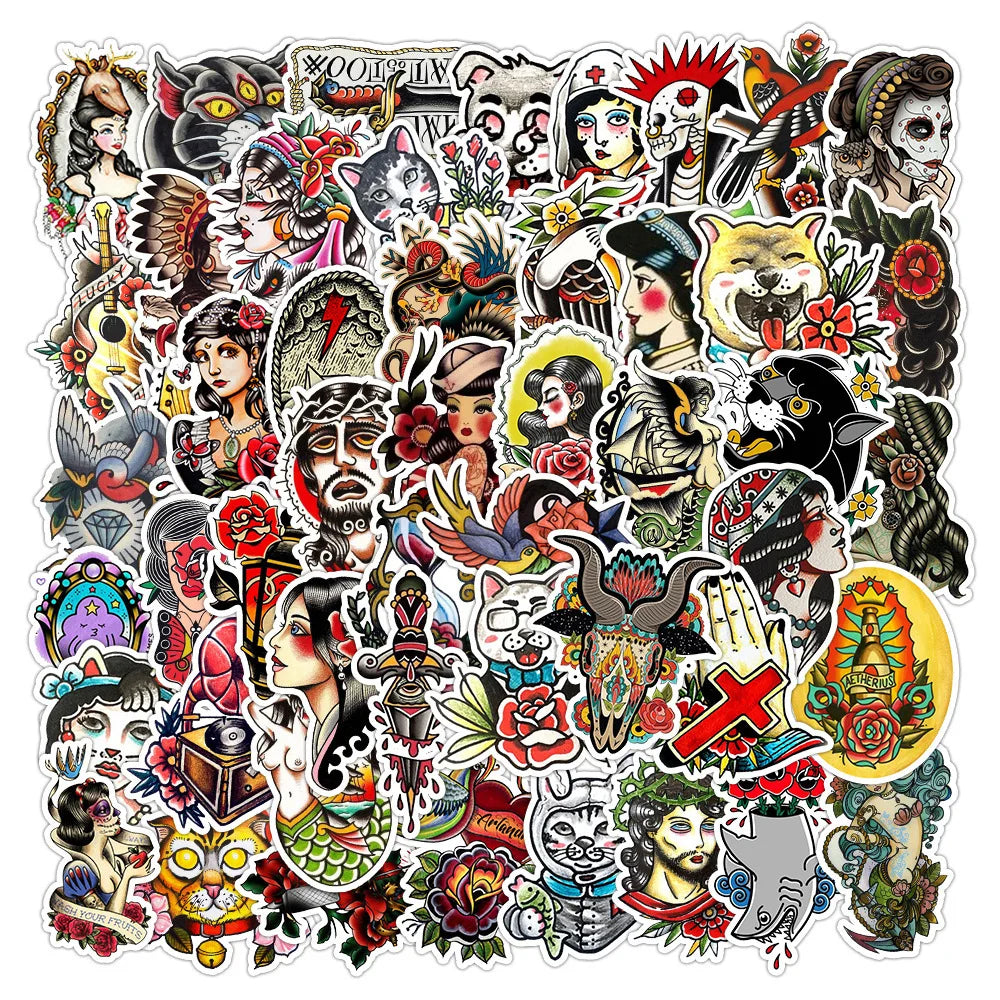 Retro Tattoo Style Cartoon Stickers for Laptop, Luggage, Skateboard, Toy - 10/30/50PCS