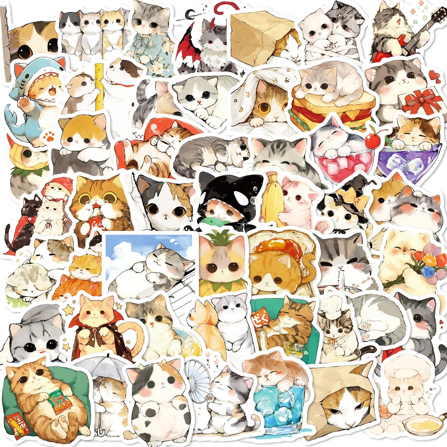 50Pcs Cute Kitty Cartoon Stickers for Helmet, Wall, DIY Decoration