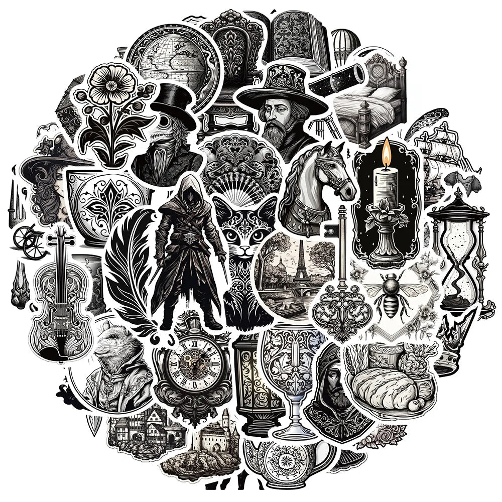 Retro Black & White Medieval Style Stickers for Snowboard, Laptop, Luggage, Car, Fridge (10/30/50 Pcs)