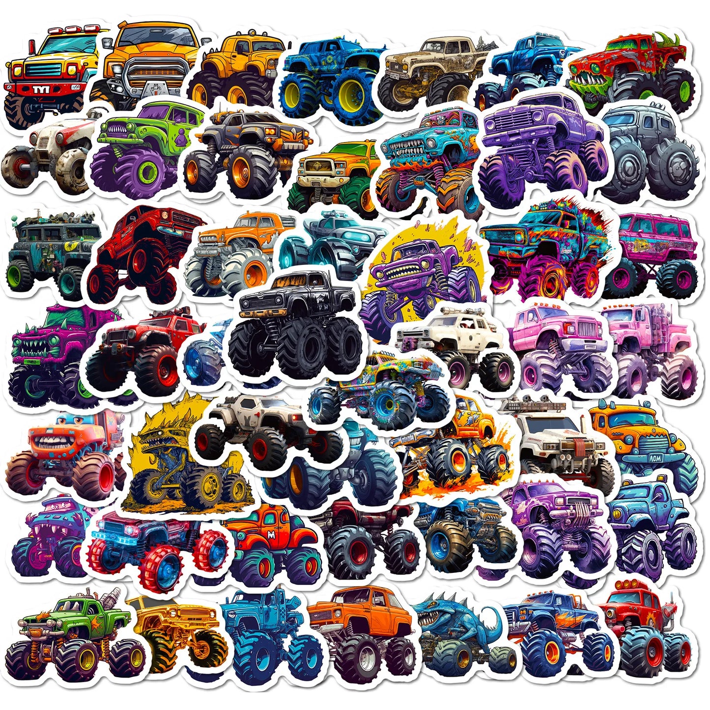 Cartoon Monster Truck Stickers for Scrapbook, Water Bottle, Phone, Laptop, Guitar - 10/25/50pcs