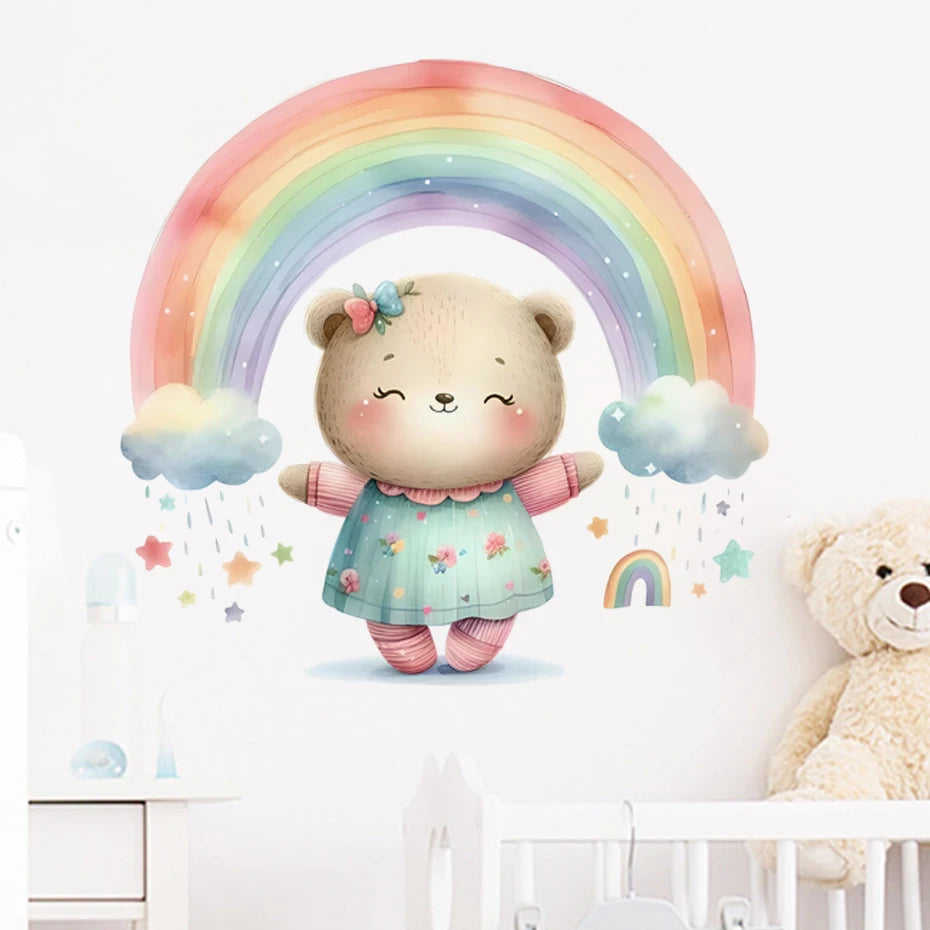 Cute Bear Rainbow Cloud Wall Stickers Removable Nursery Decor Decals