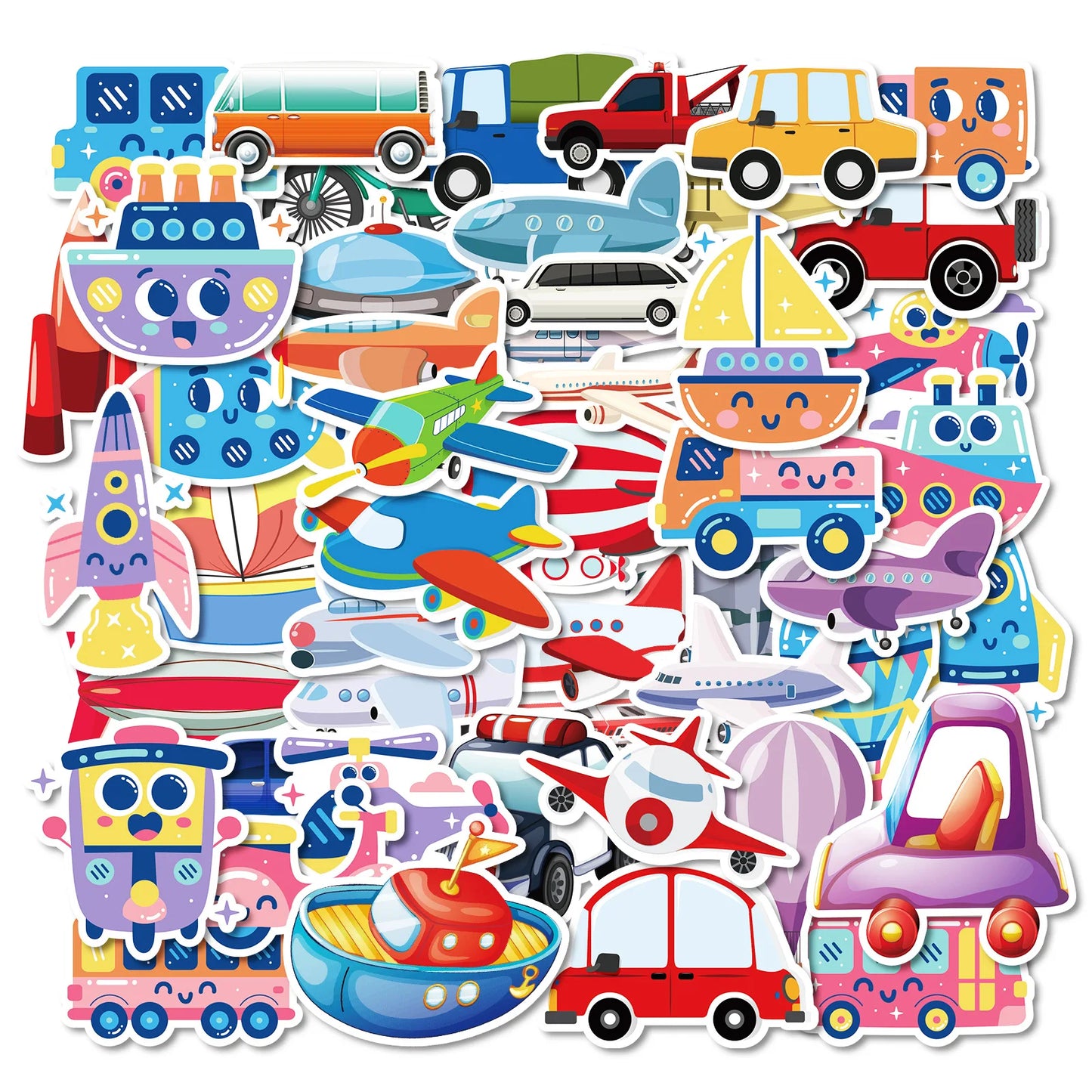 50pcs Cute Cartoon Vehicle Stickers for Helmet, Wall, Desktop Decoration