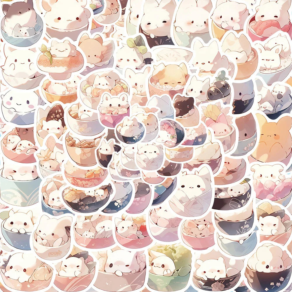 Cartoon Animal Rice Ball Stickers - 10/30/50/102pcs Laptop Decals