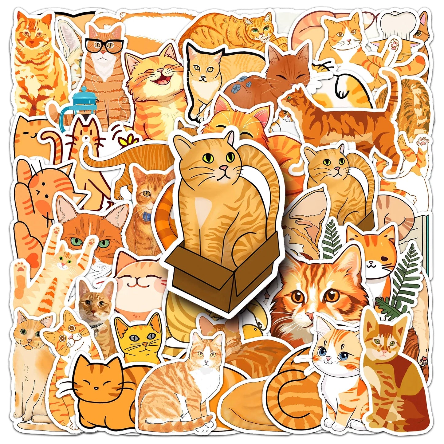 50Pcs Orange Cat Cartoon Waterproof Vinyl Stickers for Skateboard Snowboard Decals