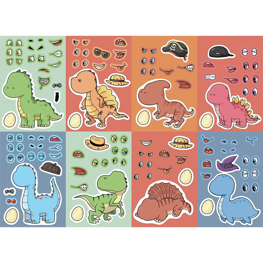8/16Sheets Cute Dinosaur Puzzle Stickers Make-a-Face Games Toy Create Your Own DIY Funny Cartonn Assemble Jigsaw Children Gift