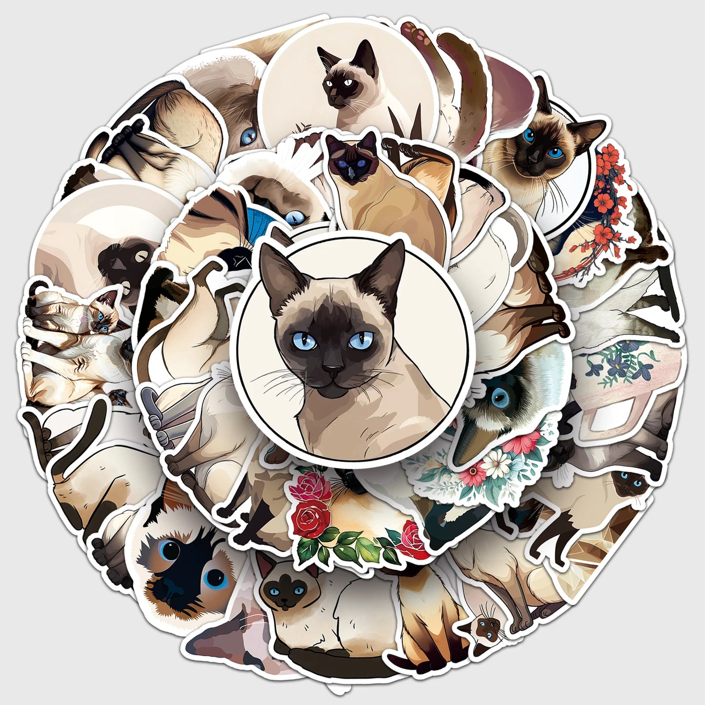 50Pcs Siamese Cat Cartoon Waterproof Vinyl Stickers for Skateboard Snowboard Decal