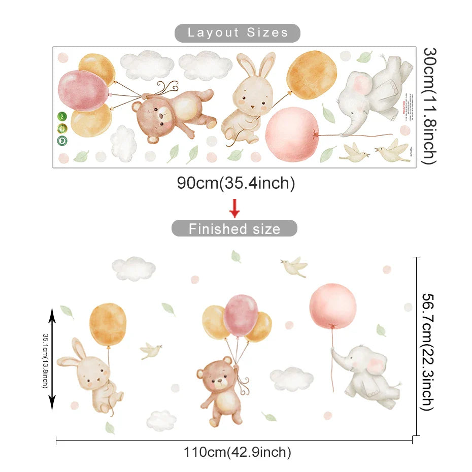 Bear Rabbit Balloon Cloud Nursery Wall Decals Removable Posters Kids Room Decor