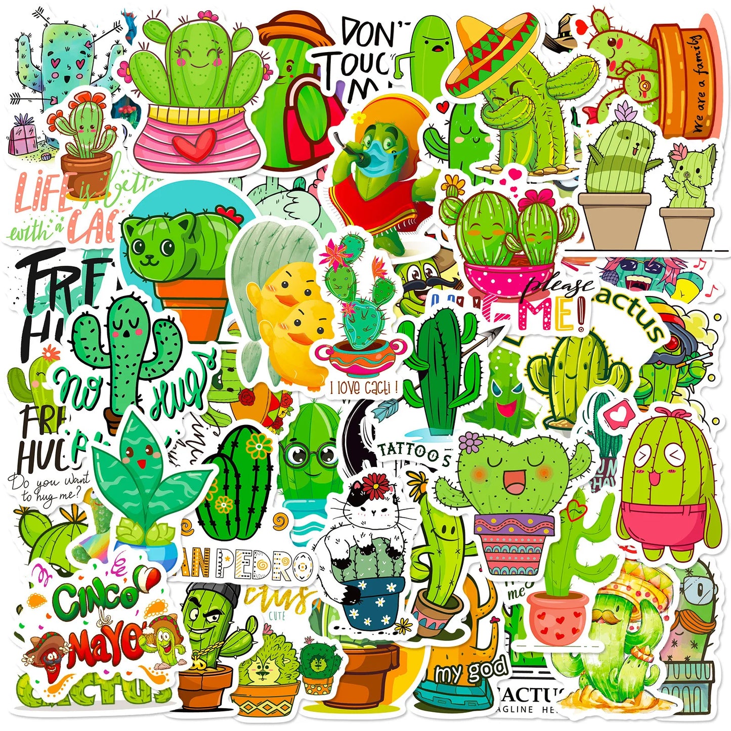 50Pcs Cartoon Cactus Graffiti Stickers for Helmet, Wall, DIY Decor