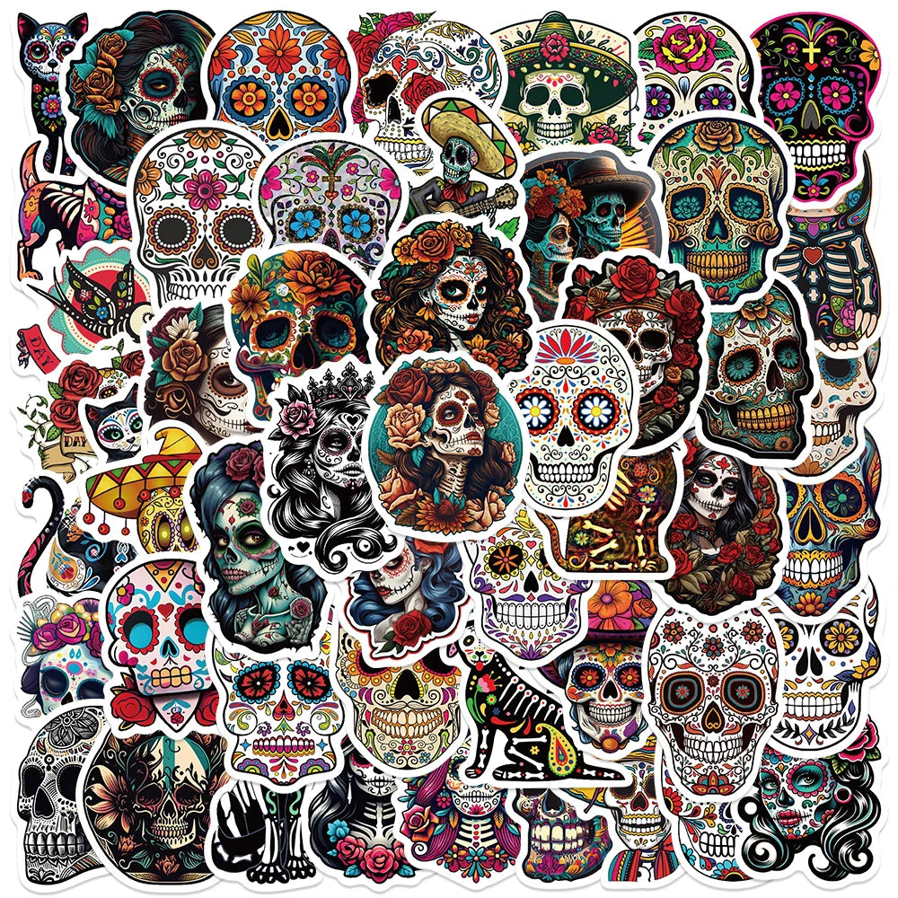 50PCS Day of the Dead Skull Stickers Waterproof for Laptop, Bicycle, Guitar, Skateboard, Car