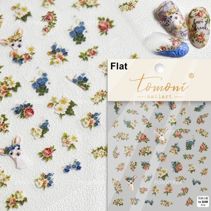 5D Red White Flower Nail Art Stickers Rhinestone Decals